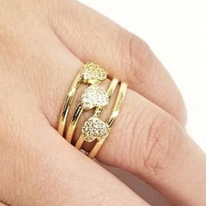 Hearts with Rhinestones Adjustable Women's Ring. 14K Gold Plated. New